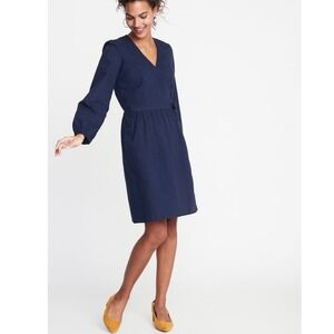Old Navy Waist Defined Wrap Dress Blue Womens Size XXL Cotton‎ Minimal Tie Front